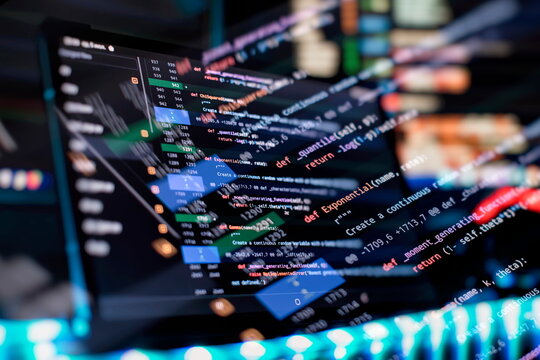 Notebook closeup photo. CSS, JavaScript and HTML usage. Monitor closeup of function source code. Abstract IT technology background. Software source code.