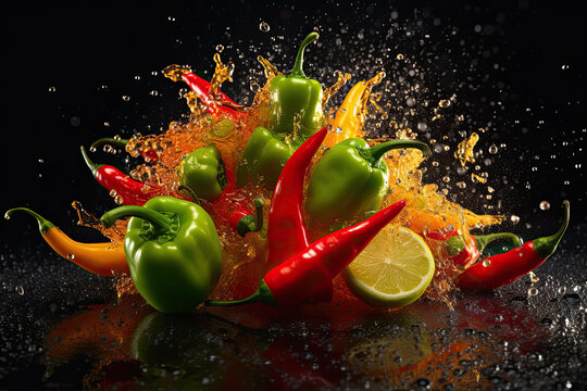 Dynamic red, green and yellow peppers splashing together created with Generative AI technology