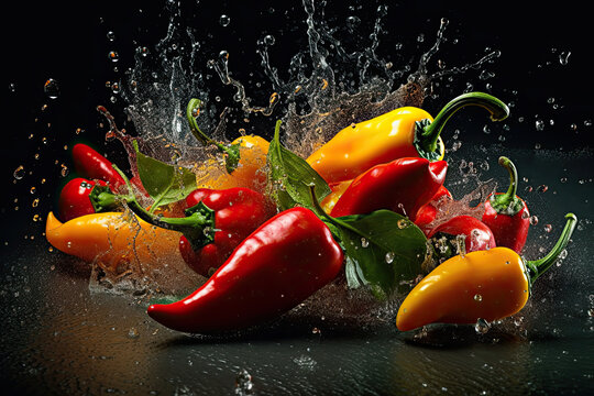 Dynamic red, green and yellow peppers splashing together created with Generative AI technology