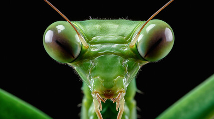 macro close up shot of a green praying mantis