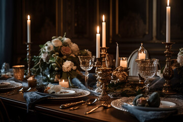 Fototapeta na wymiar Elegant table setting with candles in restaurant. Selective focus. Romantic dinner setting with candles on table in restaurant.