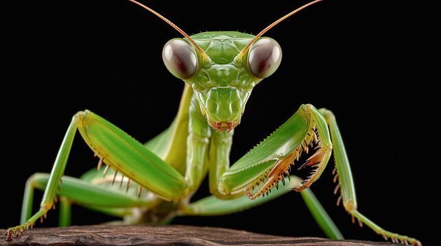 macro close up of a  green praying mantis