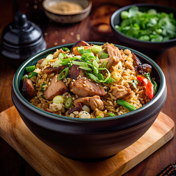 Chinese pork fried rice in a bowl 