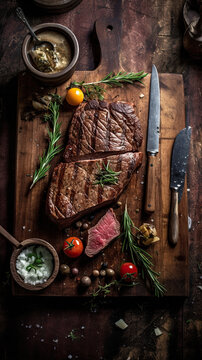 Perfectly cooks steak on a cutting board with herbs and knife top flat lay view created with Generative AI technology