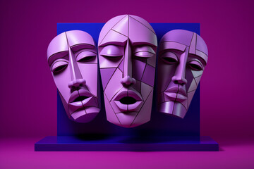 Three abstract geometric faces isolated on a black background. Bold, vivid constructs. Emotion