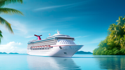 Sea travel banner with white cruise ship anchored close to exotic tropical island. Cruise To Caribbean. Sea vacation. Cruise, travel and relax concept. Banner size, copy space