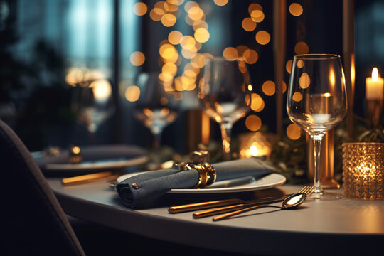 Elegant table setting with candles in restaurant. Selective focus. Romantic dinner setting with candles on table in restaurant.