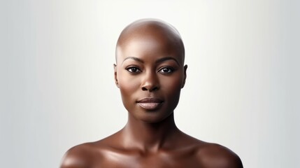 Emotional portrait of a bald African woman on white background