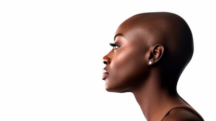 Emotional portrait of a bald African woman on white background