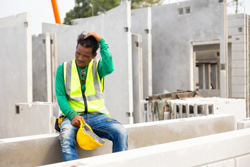 Tired hot wiping sweat. Asian worker enjoying free time. forman warehouse worker sitting on workshop site break relax time at Heavy Industry Manufacturing Prefabricated concrete walls Factory