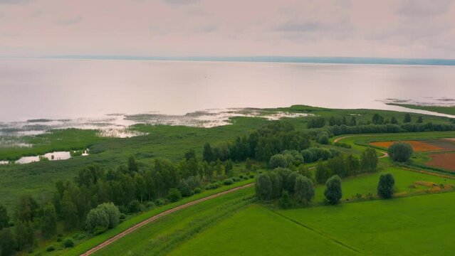 Aerial view of the southern part of the Vistula Spit with farmland and meadows on the Polish Bodden coast near Kaliningrad