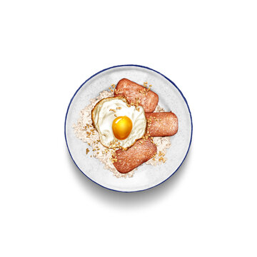 A realistic illustration of Spamsilog: a delightful Filipino breakfast dish that combines Spam, garlic fried rice (sinangag), and a sunny-side-up egg (itlog).