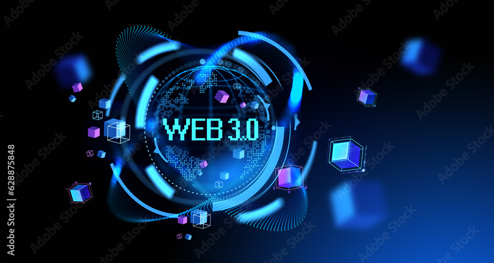 Poster glowing web 3.0 hologram hud with earth sphere and data blocks