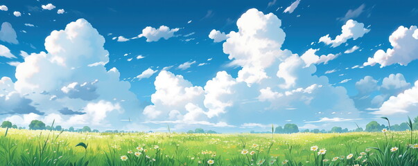 Beautiful grassy fields and summer blue sky with fluffy white clouds in the wind. Wide format. Hand edited generative AI.