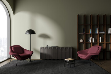 Dark living room interior with armchairs and mockup wall, panoramic window