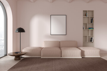 Cozy living room interior couch and shelf with window, mockup frame