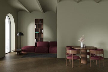 Green dining room and living room interior