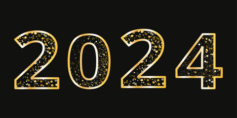 Happy New Year 2024 Vector with Gold Glitter on Black Background.