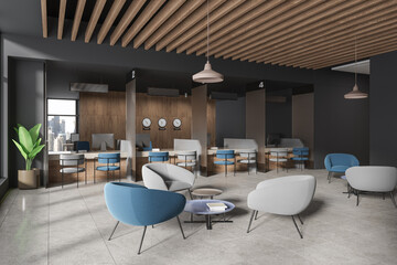 Modern business interior with chill and consulting zone, panoramic window