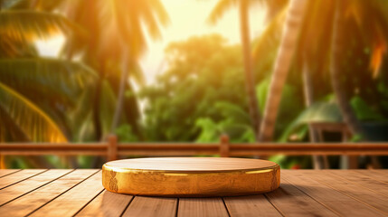 Empty round wooden podium on wooden table opposite tropical spa resort background with palm trees. Scene stage showcase for beauty and spa products, cosmetics, promotion sale or advertising
