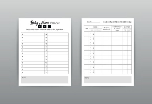 Baby Care Planner And Baby Name Logbook Interior Vector Template For KDP