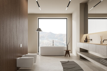 Modern bathroom interior with sink, toilet and bathtub near panoramic window
