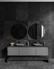 Dark gray marble bathroom interior with double sink