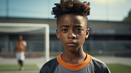 Young African American Boy Portrait Outside on Soccer Field Practice. Serious Look. Concept of Sports, School, Athlete, and Football.