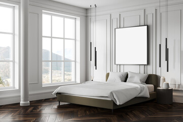 Obraz premium Cozy home bedroom interior with bed and panoramic window. Mockup frame