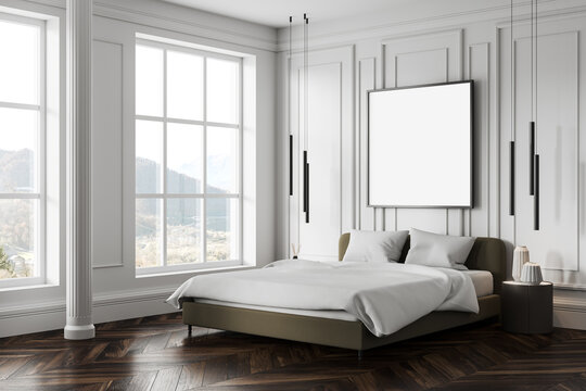 Cozy home bedroom interior with bed and panoramic window. Mockup frame