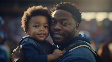 African American Father and Baby Toddler Son Close Up Portrait. Smiling. Concept of Family, Bonding, Love, and Happiness.