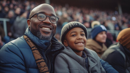 African American Father and Son at Football Game in the Stands. Winter Time. Smiling Enjoying the Match. Football Field. Concept of Game, Sports, Spectating, and Bonding.