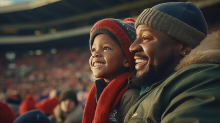 African American Father and Son at Winter Football Game in the Stands. Smiling Enjoying the Match. Football Field. Concept of Game, Cold, Sports, Spectating, and Bonding.