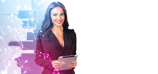 Businesswoman using tablet, hologram with connection lines network. Copy space