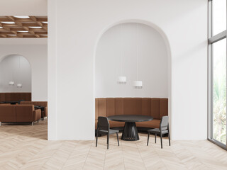 Modern cafeteria interior with couch and chairs, eating space near window