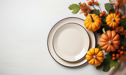 Top view of round plate with fall pumpkins, copy space for text. Creative fall menu banner, halloween party catering.
