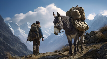 Sherpa Climber Backpacker on Mountain Trail With Donkey. Beautiful Mountain View. Clouds High up Travel. Concept of Carrying, Transporting, Transport, Delivery, and Work. © Lila Patel