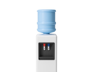 Office water cooler with blue bottle on white empty background, mock up