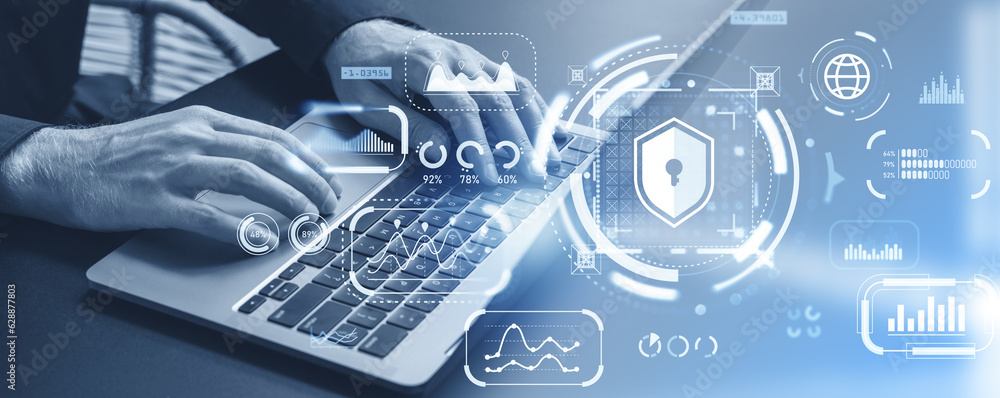 Poster man typing on laptop, digital cybersecurity with statistics and business data