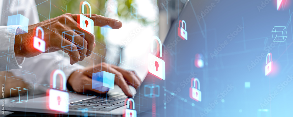 Poster man hands with laptop using data protection interface