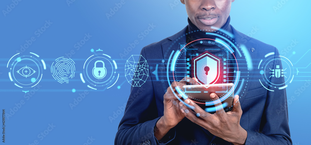 Poster black man using tablet, cybersecurity and biometric scanning with padlock shield