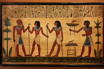 Egyptian papyrus with illustrations of people from ancient Egypt. Generative AI