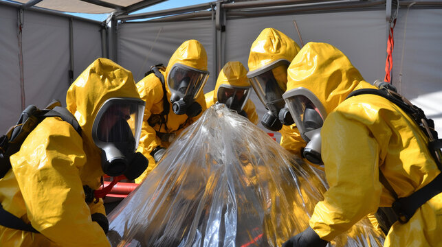 A team performing a mock radiation containment procedure with full safety gear Generative AI