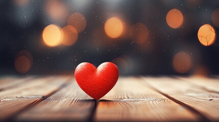 Red heart on wooden floor, bokeh background, concept of love and passion. Generative AI