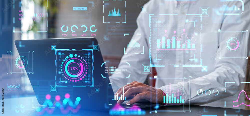 Poster businessman working with computer, graph chart and dashboard with statistics