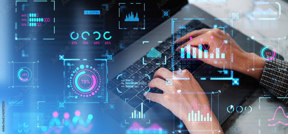 Poster top view woman typing in computer, business analysis and metrics with statistics