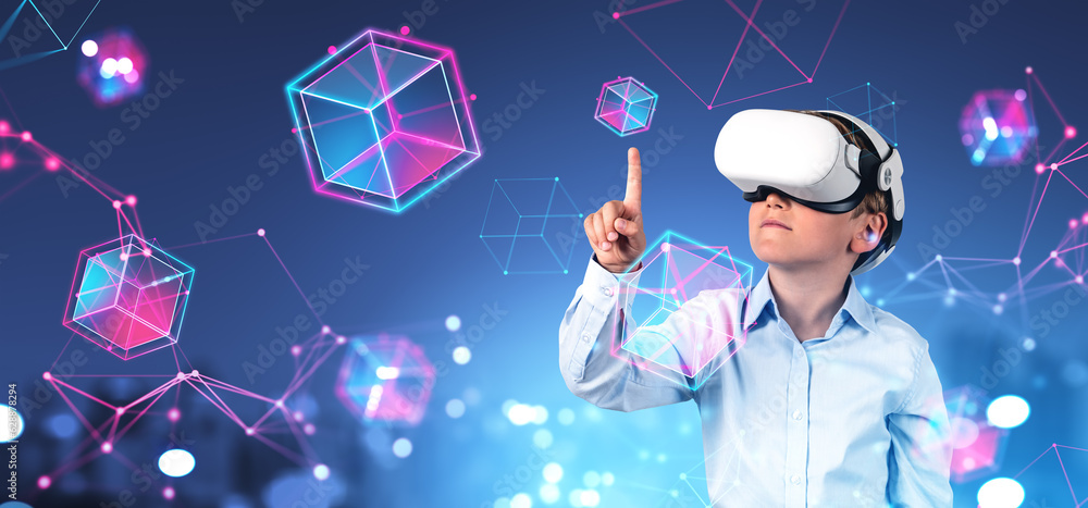 Poster boy in vr goggles using blockchain interface in metaverse