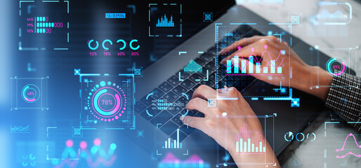 Top view woman typing in computer, business analysis and metrics with statistics