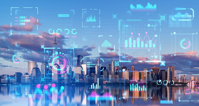 New York skyline, glowing graph chart and big business data dashboard