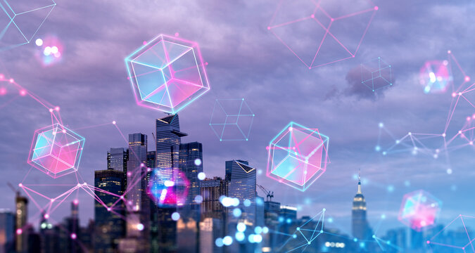 New York skyline and data blocks in cyberspace, metaverse and virtual reality
